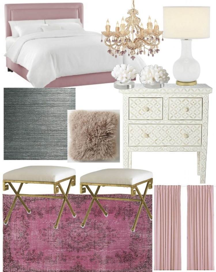 sovrum-skumma rosa-design-stoppade säng-matta-gardiner