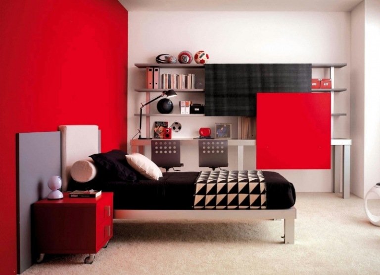 Sovrum-röd-vägg design-paneler-industriel
