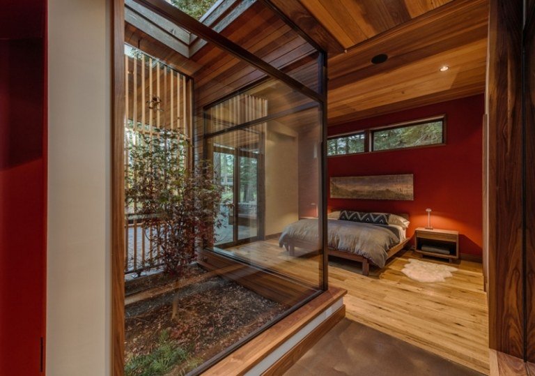 Sovrum-röd-design-idéer-modern-trä-säng
