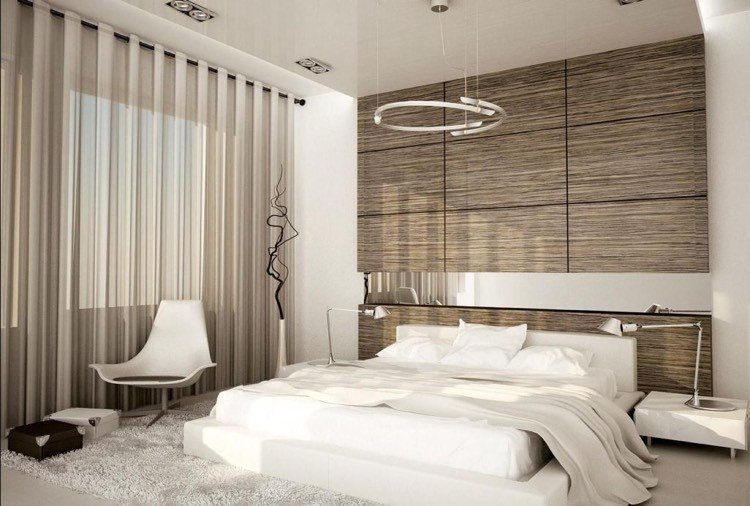 sovrum-vit-säng-trä-vägg-spegel-ränder-dagsljus
