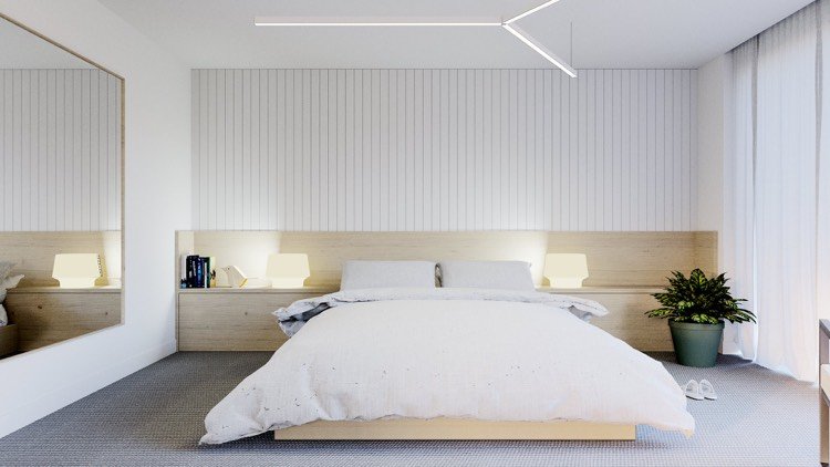sovrum-vit-minimalistisk-trä-varm-ljus-vägg-spegel