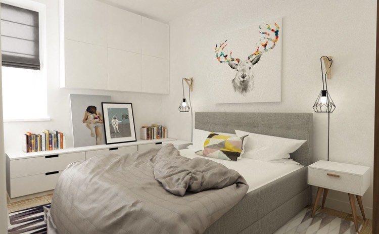 sovrum-vit-grå-skandinavisk klädd säng