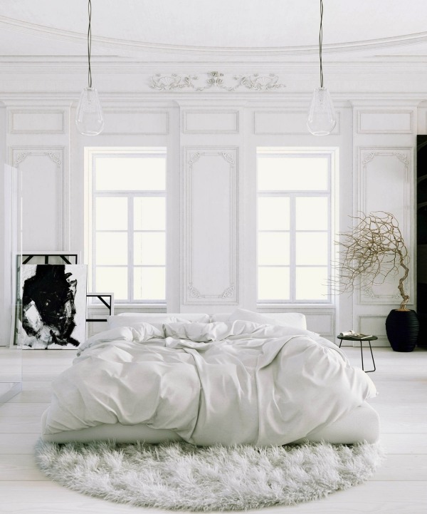 Sovrum helt vit shaggy matta parisisk stil
