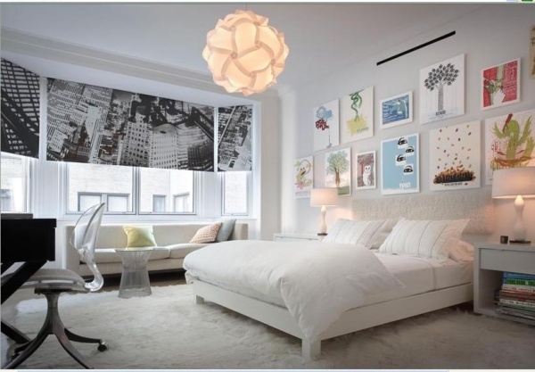 Sovrum vit hängande lampa väggdekoration målning fönsterbrädan