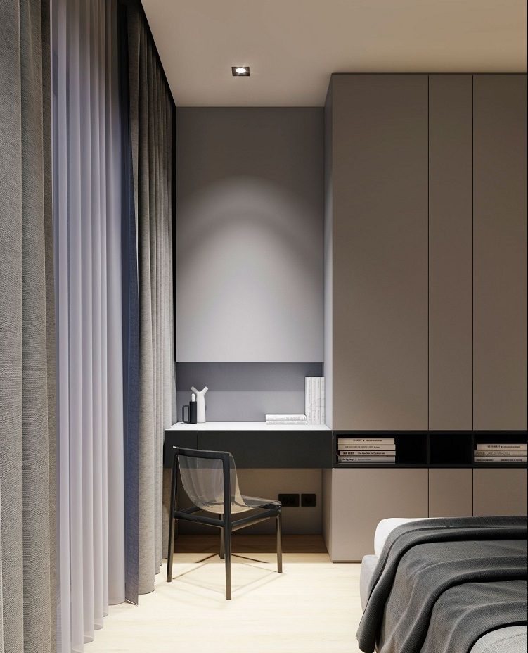 Lägenhet minimalistisk inredningstips sovrum med skrivbord