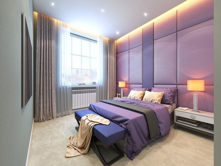 Designa ett modernt sovrum i lila väggfärg