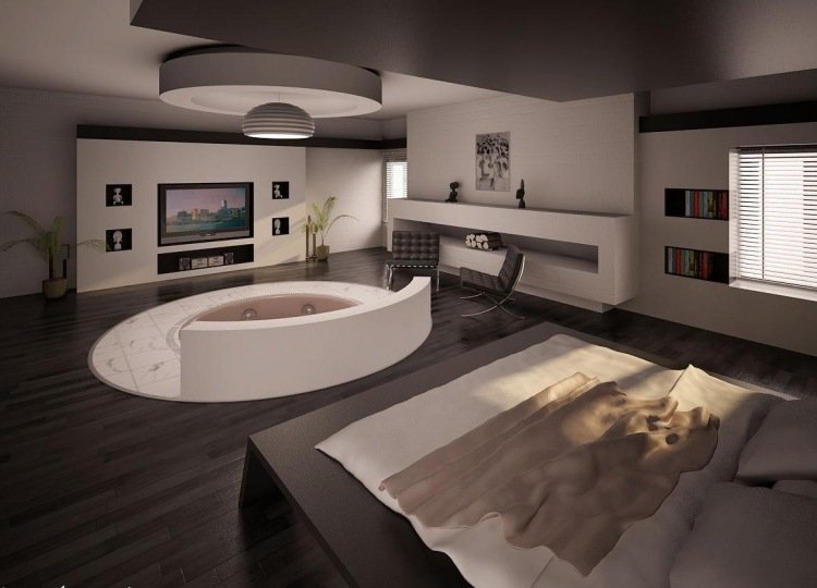 Sovrum med bubbelpool -moderna-arrangemang-design-pälsmatta-i mitten-jacuzzin