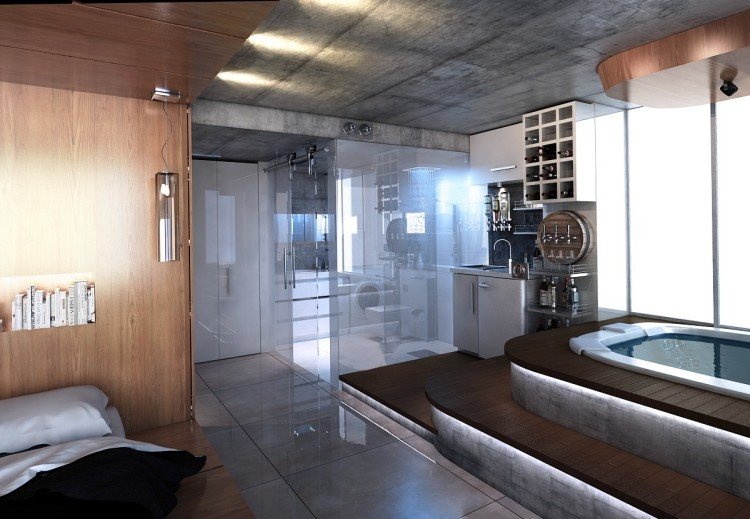 Sovrum med bubbelpool-ved-säng-grå-kakel-indirekt-belysning-badkar-dusch-glasvägg