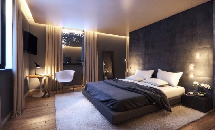 sovrum-modern-design-idéer-mörk-beige-antracit-grå-belysning-accenter