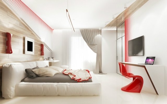 sovrum modern design-vit-trä-accent vägg-röda-höjdpunkter