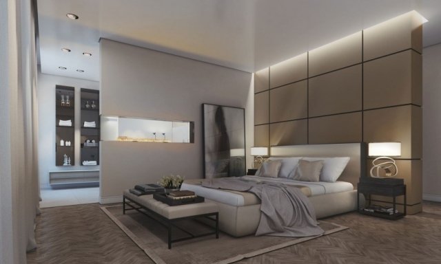modern-sovrum-beige-grädde-öppen spis-rumsavdelare