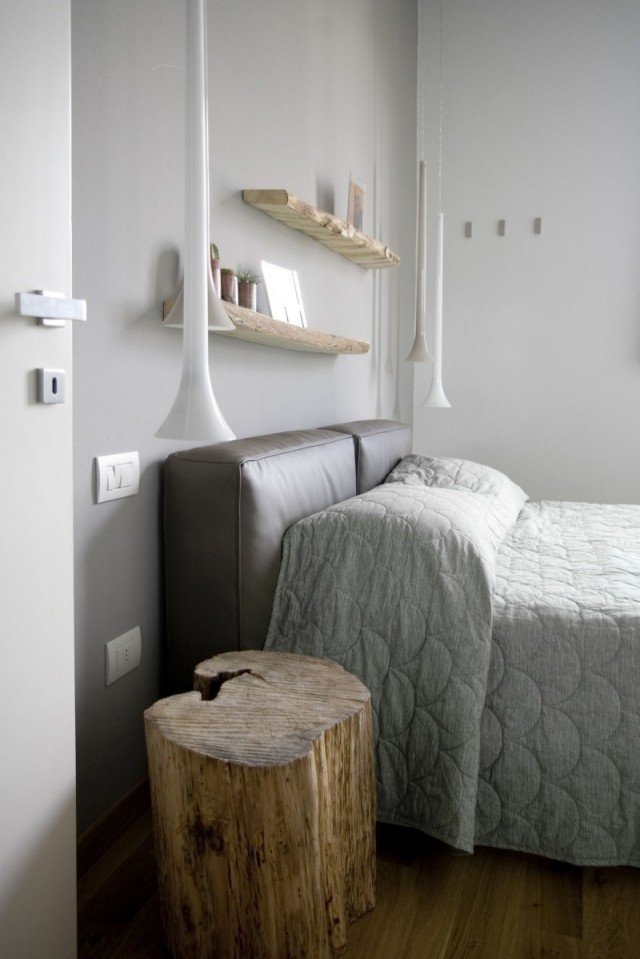 sovrum modern design-grå-vägg-färg-hängande-lampor-trä-träd-stamm-sidobord