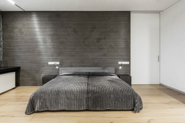 sovrum modern-minimalistisk-vit-mörkgrå-ljus-laminatgolv