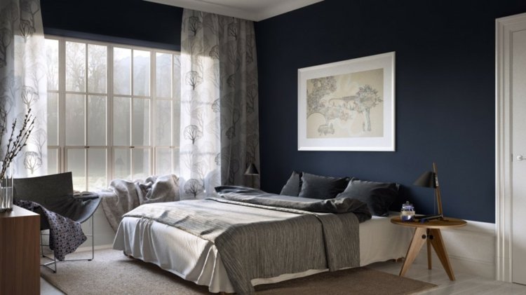 gardin-design-sovrum-transparent-träd-motiv-blå-väggfärg