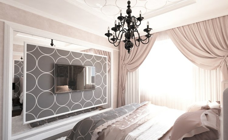 gardin-design-sovrum-accent vägg-cirklar-grå-ros-färg-gardin-svart-ljuskrona