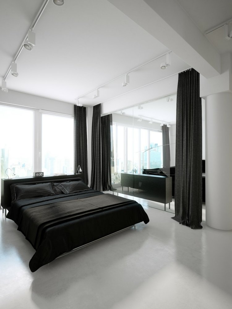 gardin-design-sovrum-svart-textil-säng-ultramodern-minimalistisk