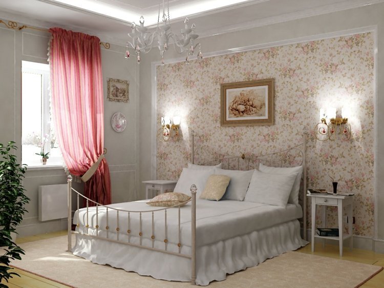 gardin-design-sovrum-korall-metall-säng-tapeter-blommönster
