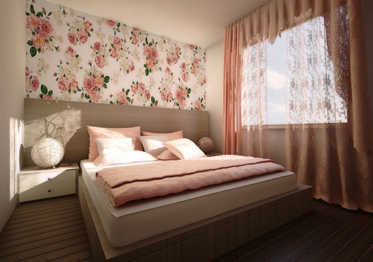 gardin-design-sovrum-lax-färg-feminina-rosor-tapeter-sänggavel-ljust trä
