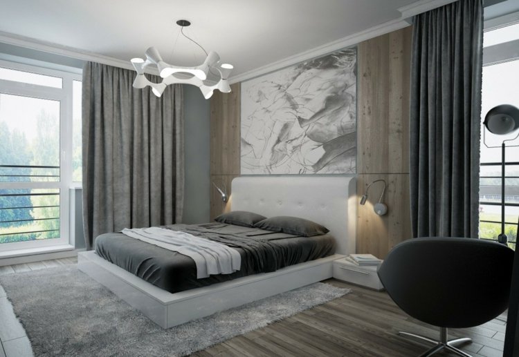 gardin-design-sovrum-monokrom-lampa-vägglampor-trä-brädor-väggmålning