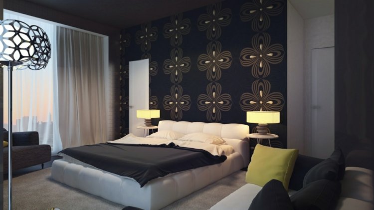 gardin-design-sovrum-svart-vit-modern-inspiration-säng
