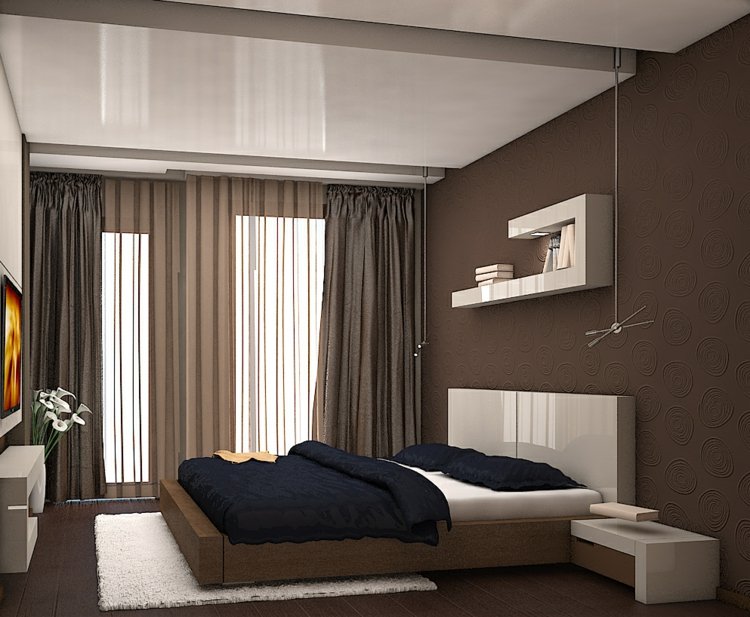 gardin-design-sovrum-vägg-färg-choklad-högglans-möbler-vit