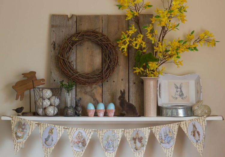 dekoration för påsk enkel-rustik-trä-påsk-ägg-forsythia-hylla