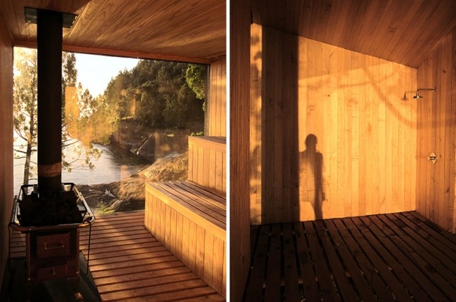 breda panoramafönster designad träbastu med sjöutsikt