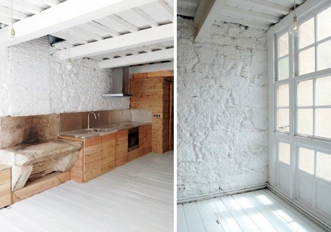 Kök trä smal lägenhet rustik interiör