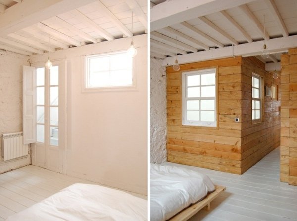 Trä balk väggpaneler sovrum