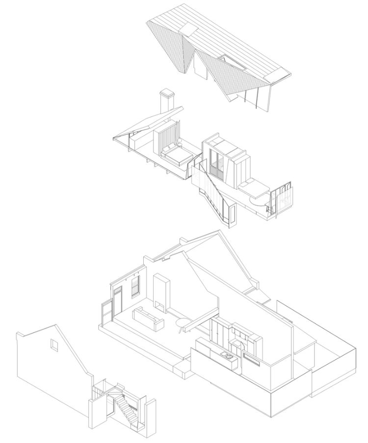 smalt hus design rekonstruktion arkitektur terrass sovrum vardagsrum kök badrum planlösning utkast 3d plan