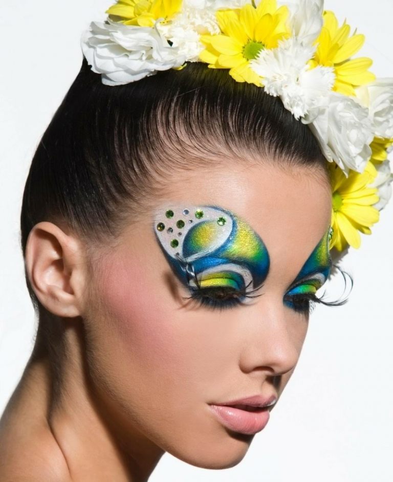 Smink för karneval tropisk idé blå gulgröna strass konstgjorda ögonfransar