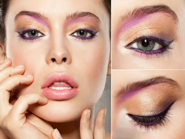 Makeup-idéer för nyårsskugga applicerar glitterpartiklar i tre färger
