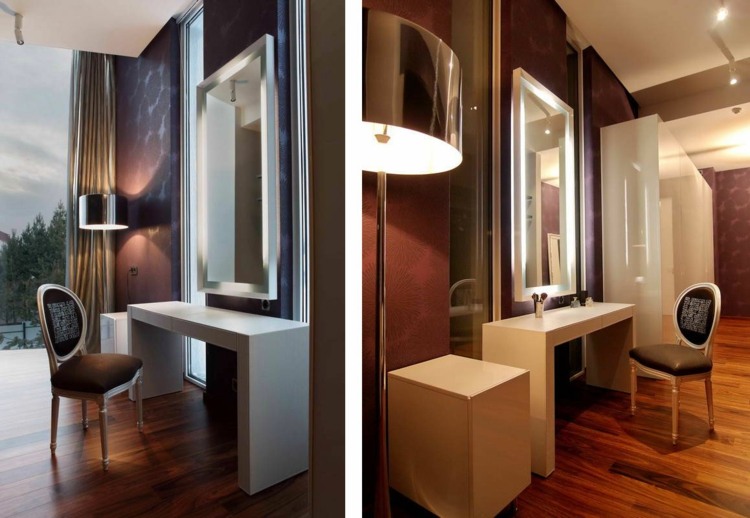 toalettbord vita kvinnor möbler golvlampa stol enkel design
