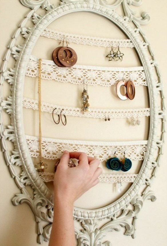 Spegelram smycken lagring upcycling spets