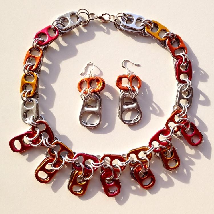 Smycken-från-burk-stängningar-set-kedja-örhängen-orange-röd-rosa