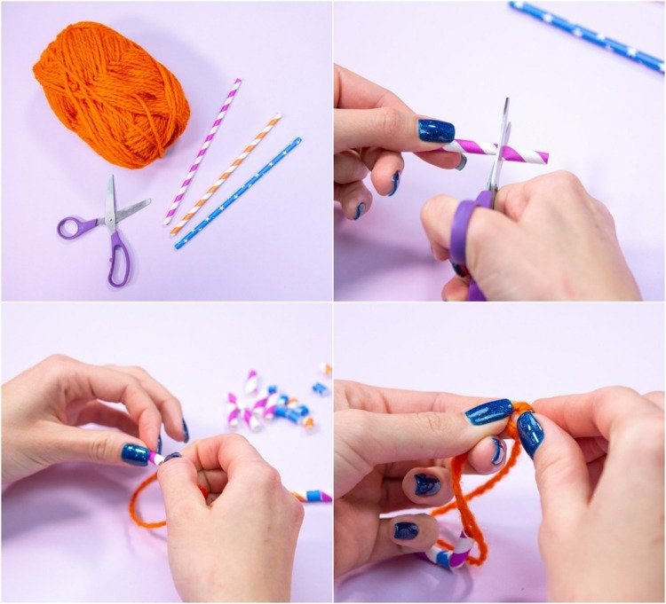 DIY instruktion smycken barn halsband stickning garn sugrör