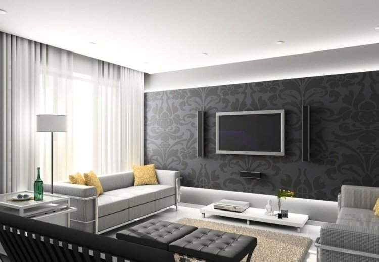 Snygg-inredning-idéer-vardagsrum-tv-grå-ljus-mörk-tapet-mönster-soffa-gardiner