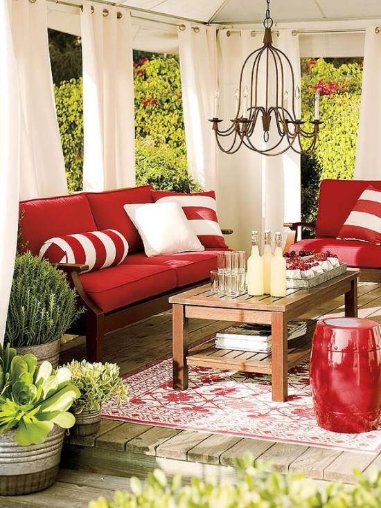 trädgård lounge tips inredning utanför röda motiv