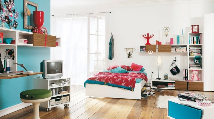 flickrum-möbler-barnrum-set-tonåring-ungdomsrum-vit-turkos-accenter-lagringsutrymme