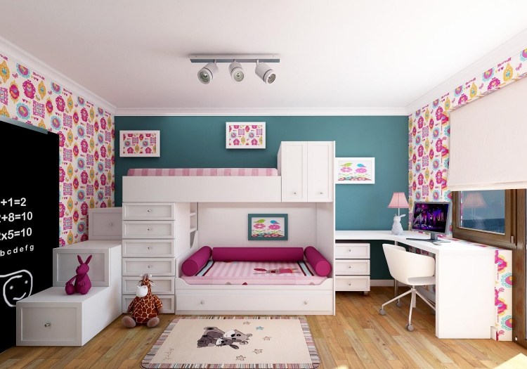 flickrum-möbler-barnrum-uppsättningar-vitt trägolv-turkos-tapet-rosa