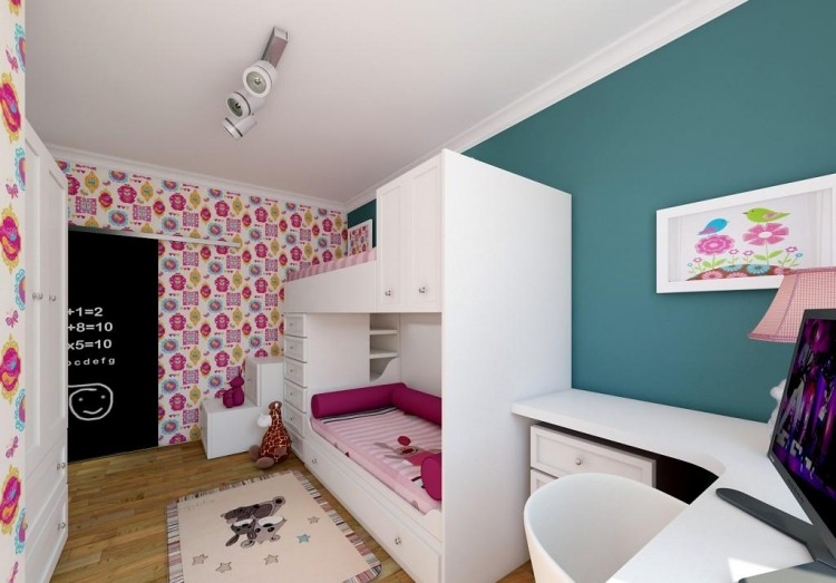 flickrum-möbler-barnrum-set-turkos-vägg-måla-vit-trä golv-loft säng-skrivbord