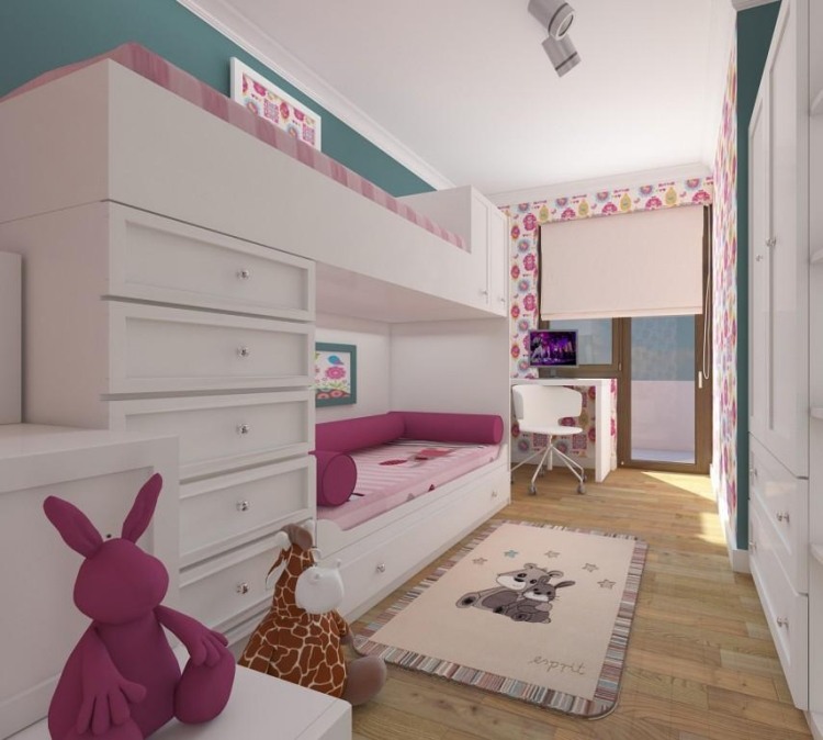 flickrum-möbler-barnrum-set-trägolv-vita-loft säng-lådor-rosa