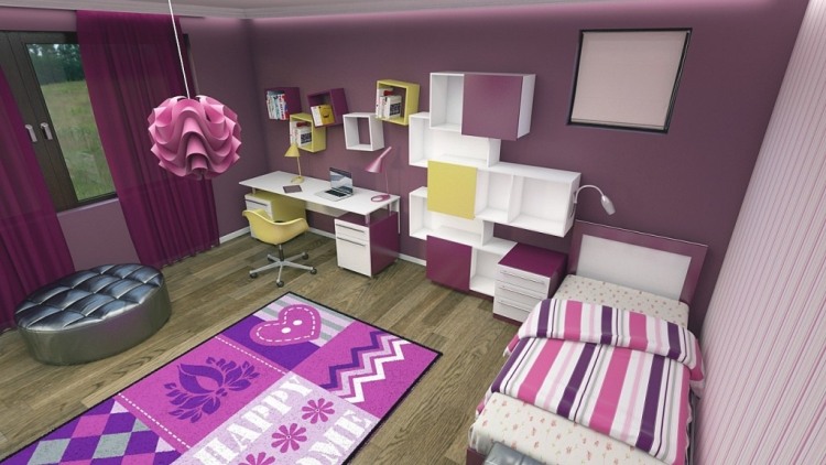 flickrum-möbler-barnrum-uppsättningar-lila-rosa-matta-lampa-trägolv