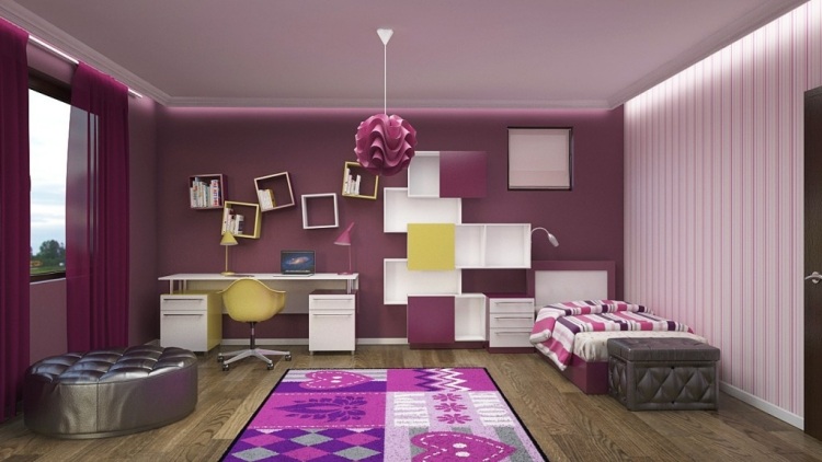 flickrum-möbler-barnrum-uppsättningar-modern-violett-rosa-enkelsäng-indirekt-belysning
