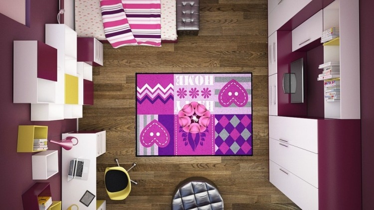 flickrum-möbler-barnrum-uppsättningar-violett-rosa-utsikt-över-golvmatta i trä