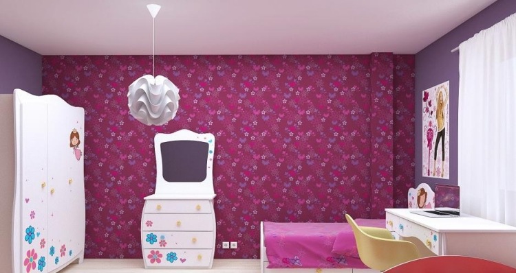 flickrum-möbler-barnrum-uppsättningar-tapeter-lila-blommor-möbler-vit-välvda