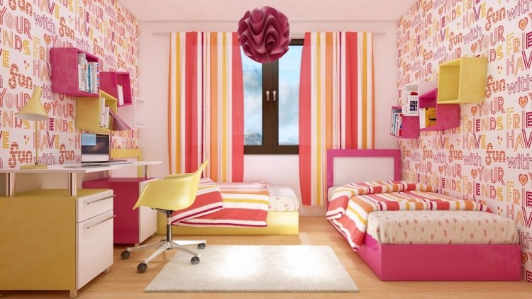 flickrum-möbler-barnrum-set-två-sängar-rosa-glb-tapet-skrivbord