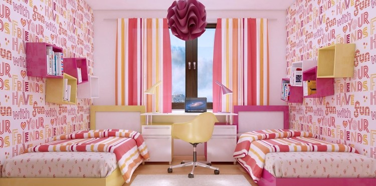 flickrum-möbler-barnrum-set-syster-tapeter-rosa-gul-roliga-gardiner-fönster