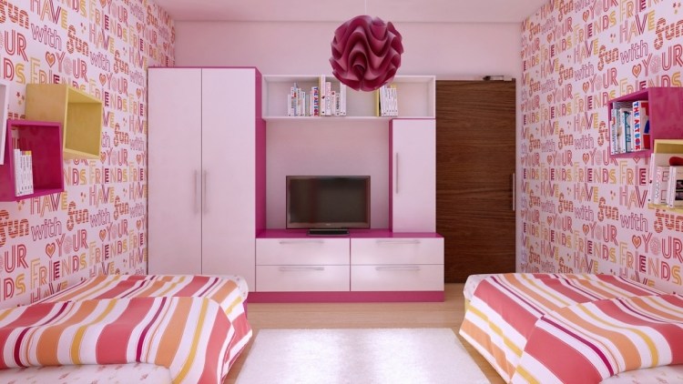 flickrum-möbler-barnrum-uppsättningar-två-sängar-tapeter-bokstäver-text-hyllor-vägg-tv