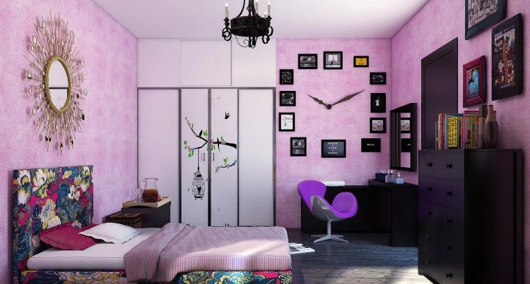 flickrum-möbler-barnrum-set-rosa-svart-säng-stoppade-färgglada-vägg-klocka-kreativa